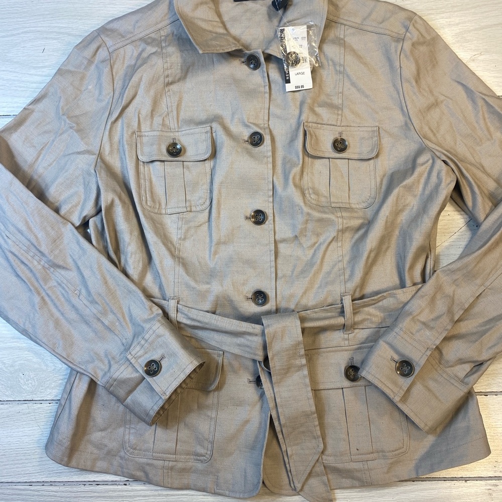 New York & Company Jacket Size L Womens Linen Cotton Beige Tie Close